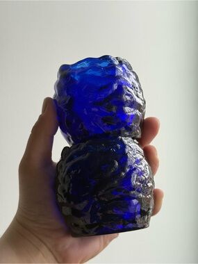 2 pcs Cobalt Blue Heavy Crinkle Glass Vintage Votive Candle Holders MCM Decor